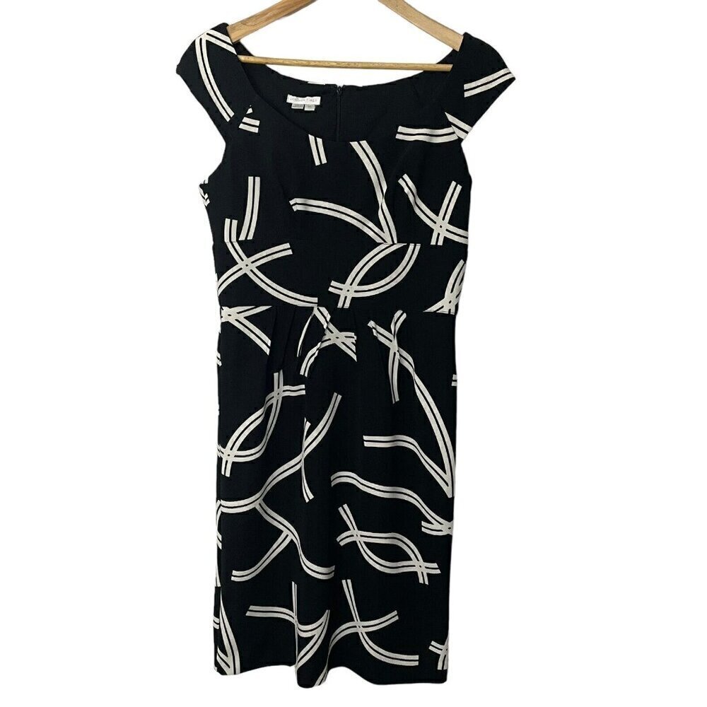 London Times Sheath Dress Sz 10 Black Knee Length Fitted Cap Sleeve A-line EUC